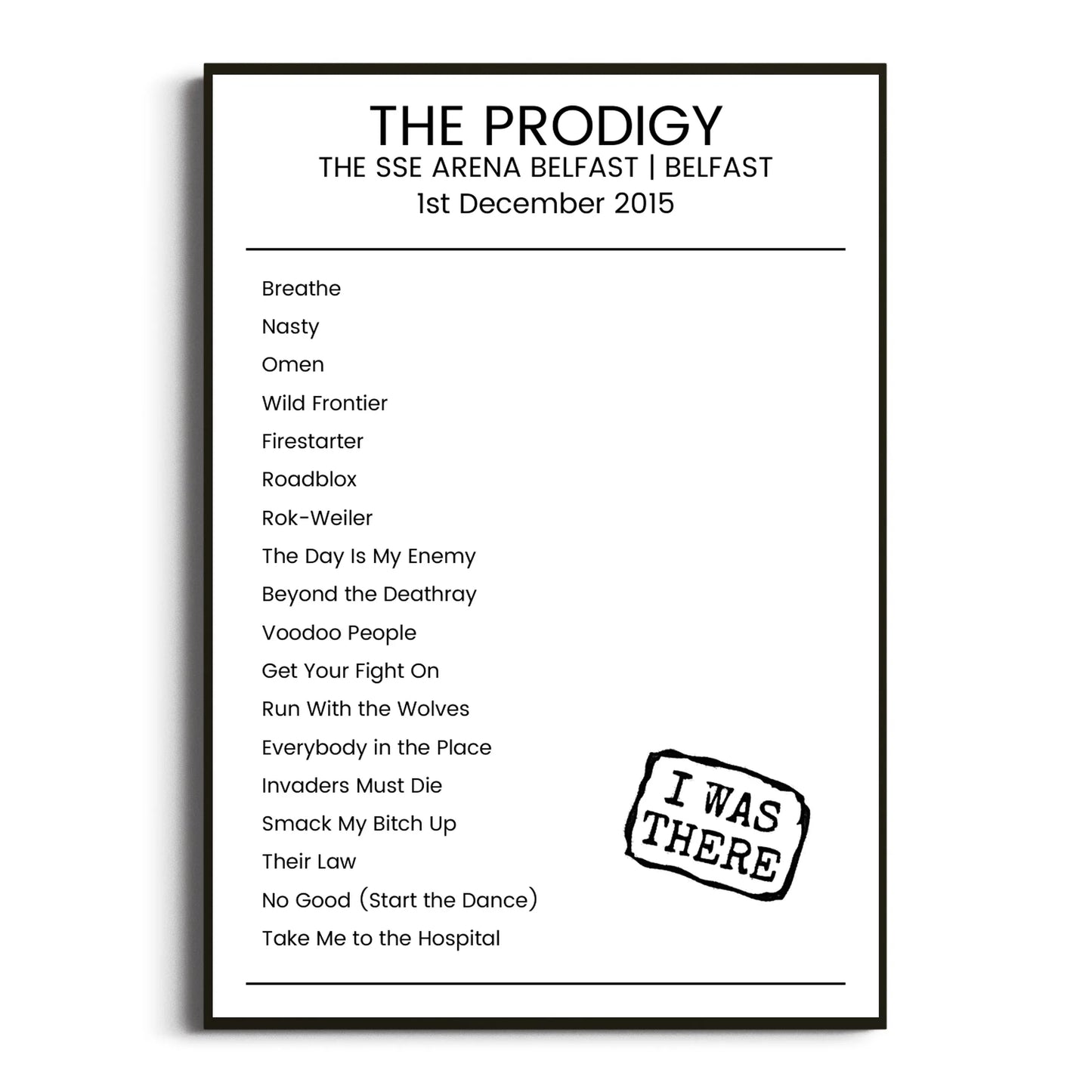 The Prodigy Belfast 01 December 2015 Setlist Poster