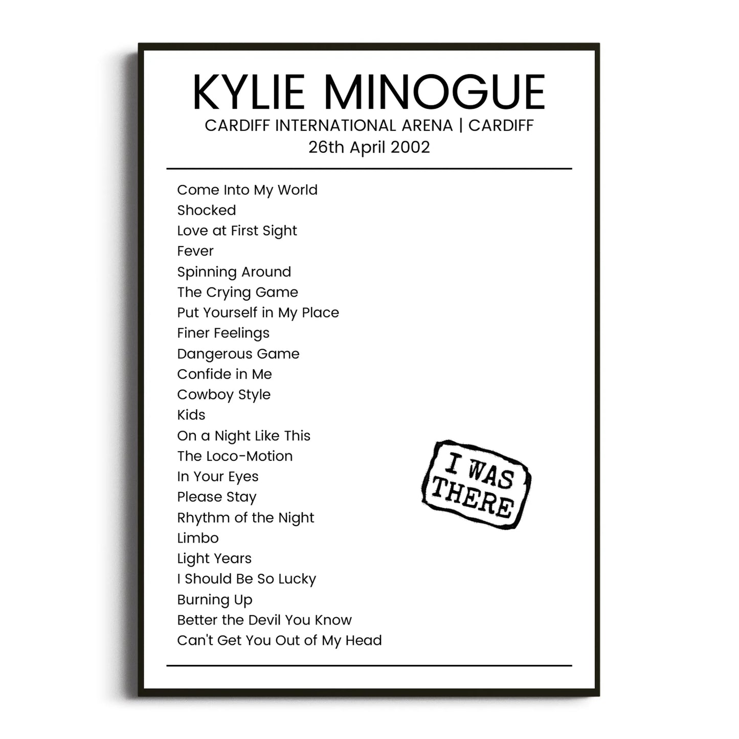 Kylie Minogue Cardiff 26 April 2002 Setlist Poster