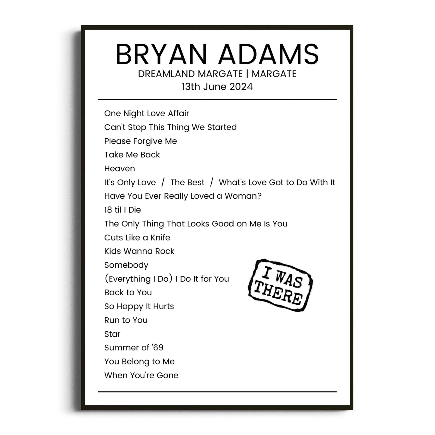 Bryan Adams Margate 13 June 2024 Setlist Poster