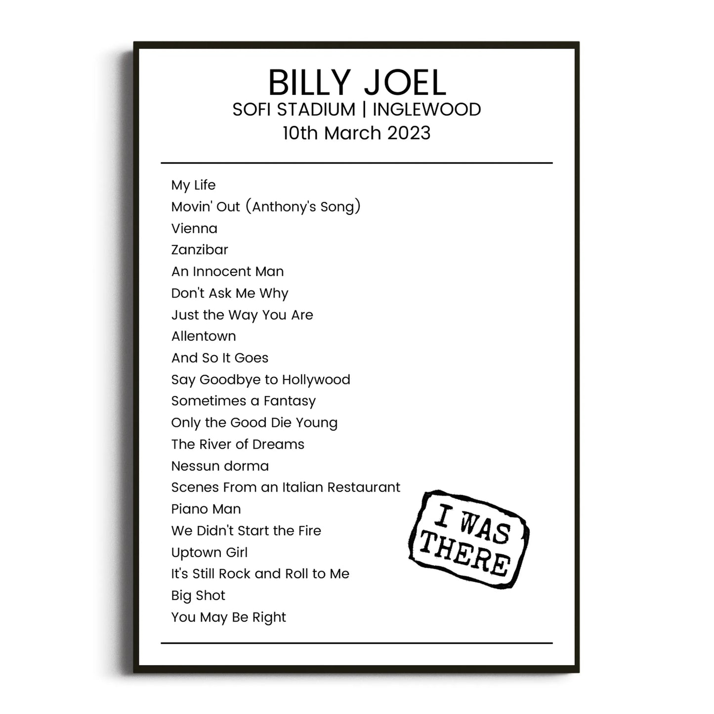 Billy Joel Inglewood 10 March 2023 Setlist Poster