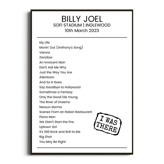 Billy Joel Inglewood 10 March 2023 Setlist Poster