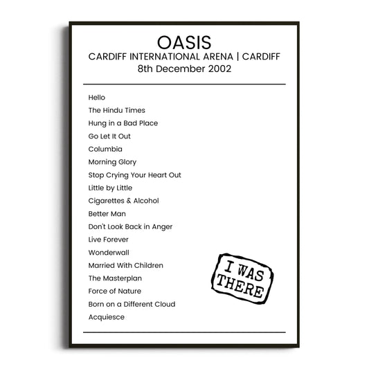 Oasis Cardiff 08 December 2002 Setlist Poster