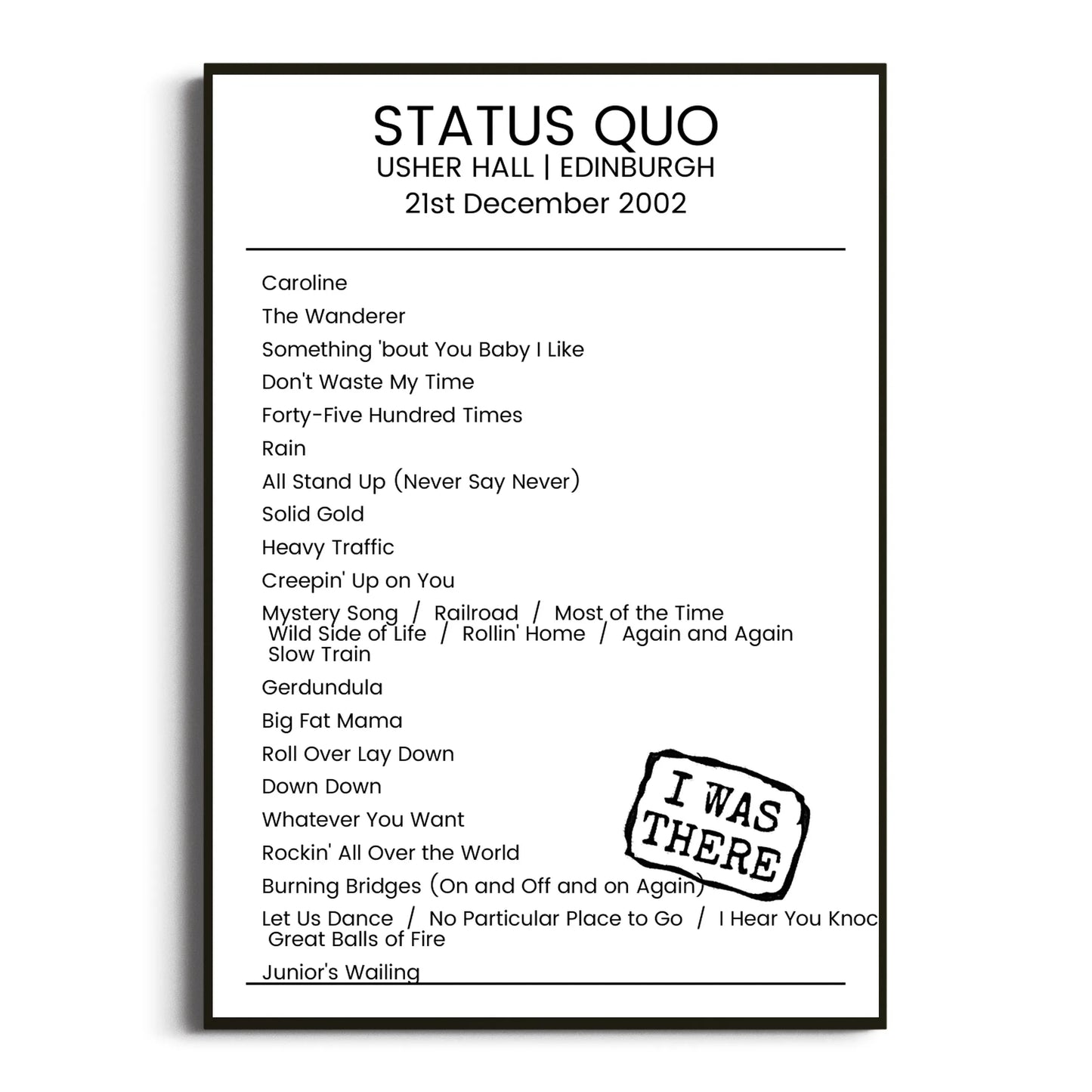 Status Quo Edinburgh 21 December 2002 Setlist Poster