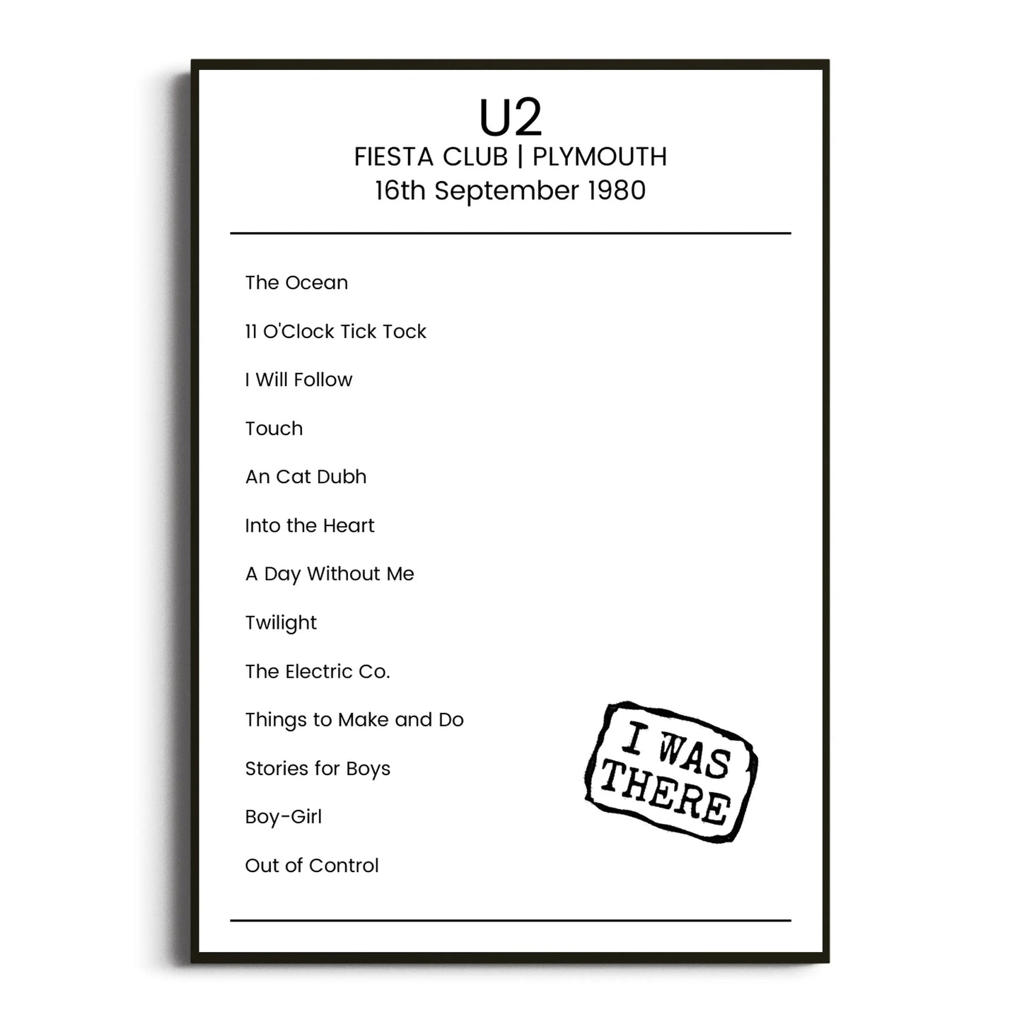 U2 Plymouth 16 September 1980 Setlist Poster