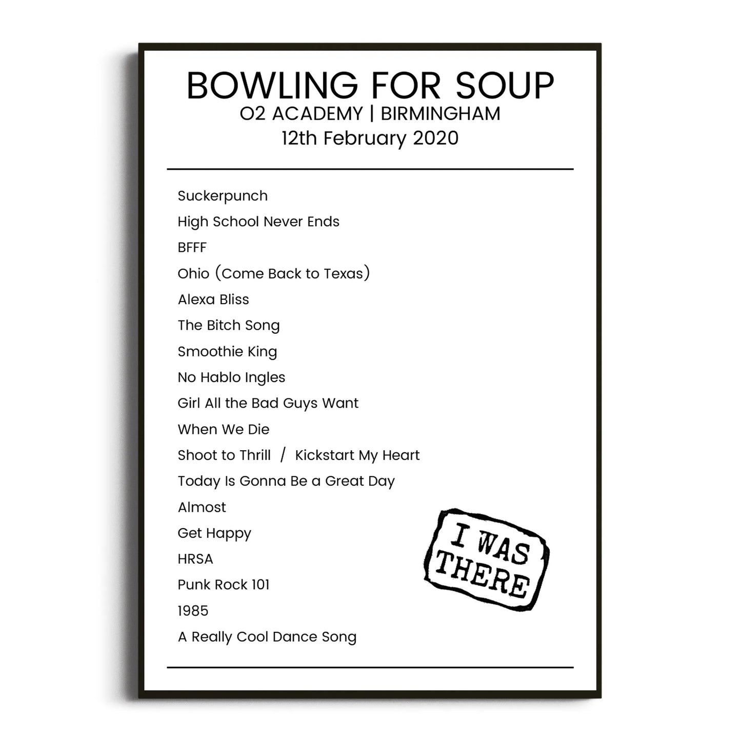 Bowling for Soup Birmingham 12 February 2020 Setlist Poster