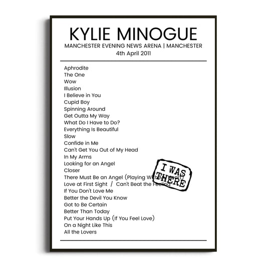 Kylie Minogue Manchester 04 April 2011 Setlist Poster