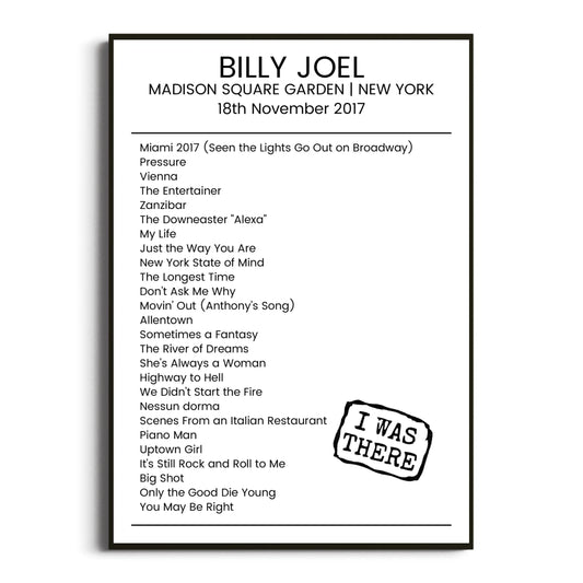 Billy Joel New York 18 November 2017 Setlist Poster