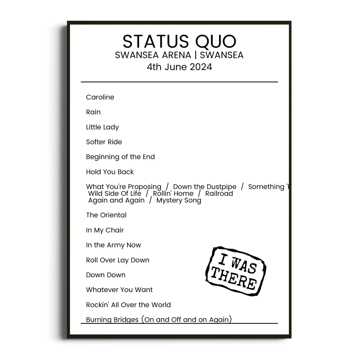 Status Quo Swansea 04 June 2024 Setlist Poster