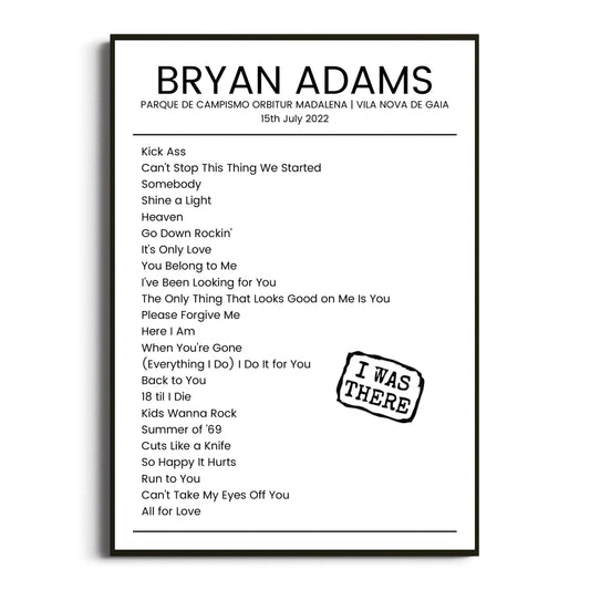 Bryan Adams Vila Nova de Gaia 15 July 2022 Setlist Poster