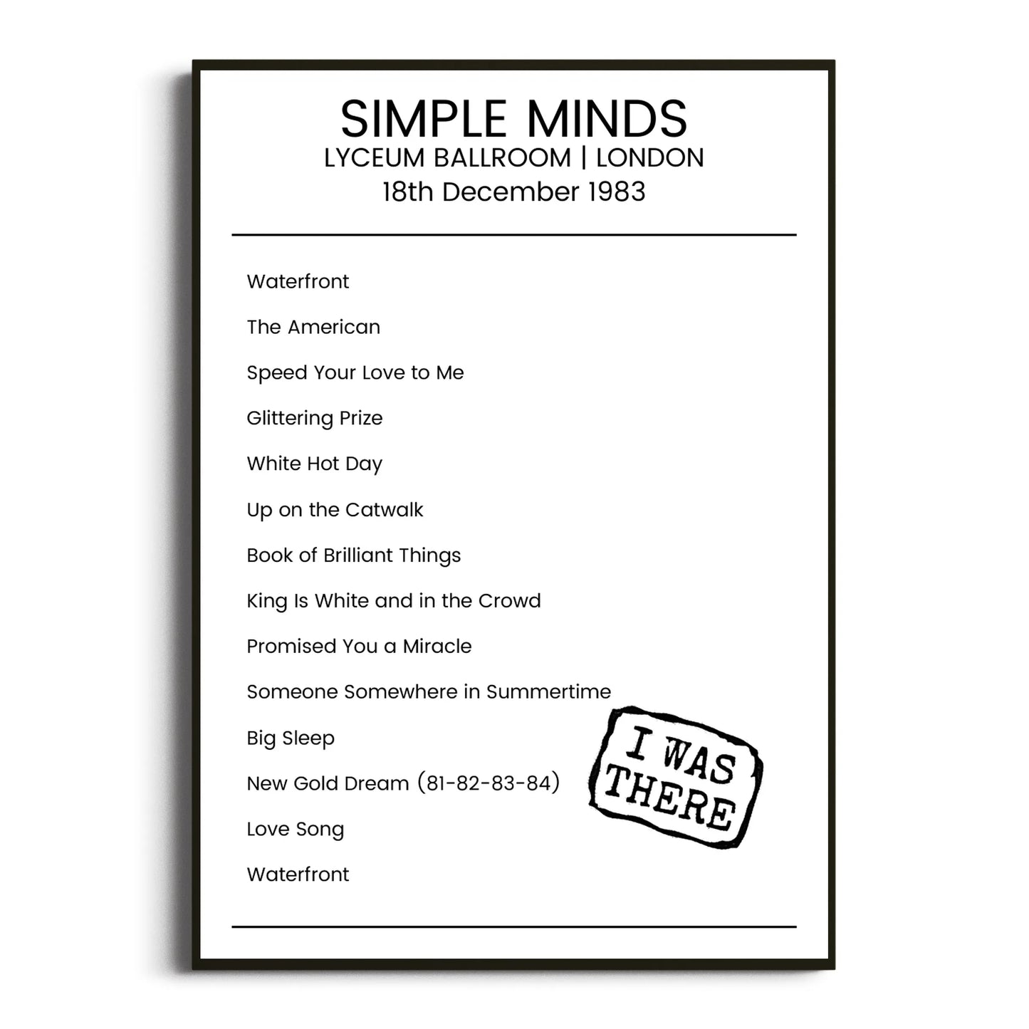 Simple Minds London 18 December 1983 Setlist Poster