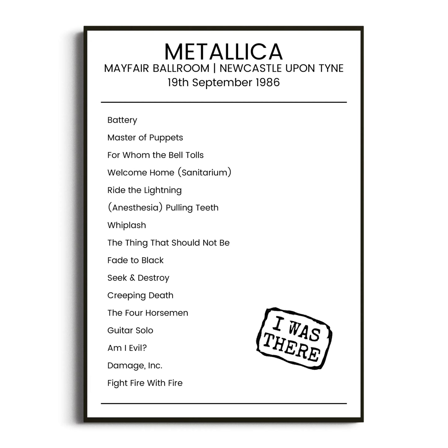 Metallica Newcastle upon Tyne 19 September 1986 Setlist Poster