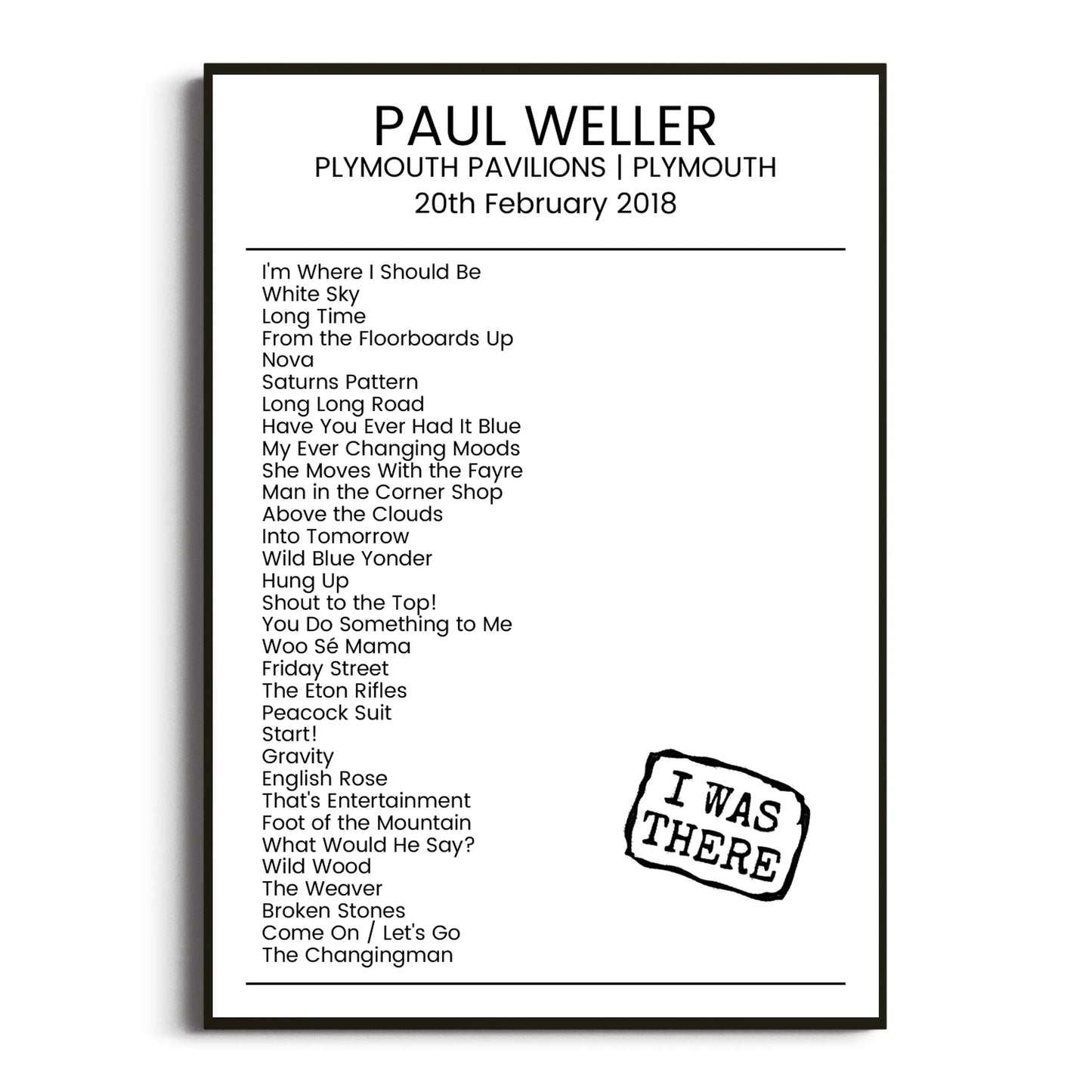 Paul Weller Plymouth 20 February 2018 Setlist Poster