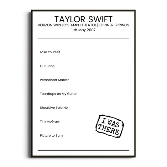 Taylor Swift Bonner Springs 11 May 2007 Setlist Poster