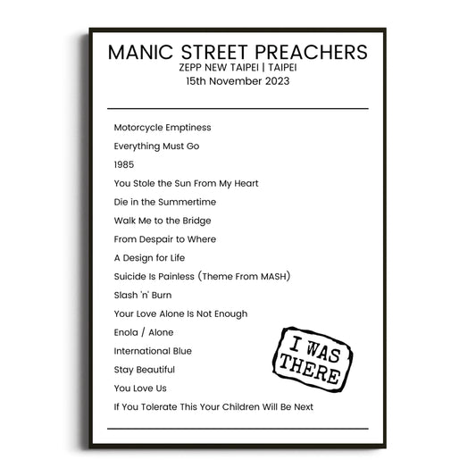 Manic Street Preachers Taipei 15 November 2023 Setlist Poster