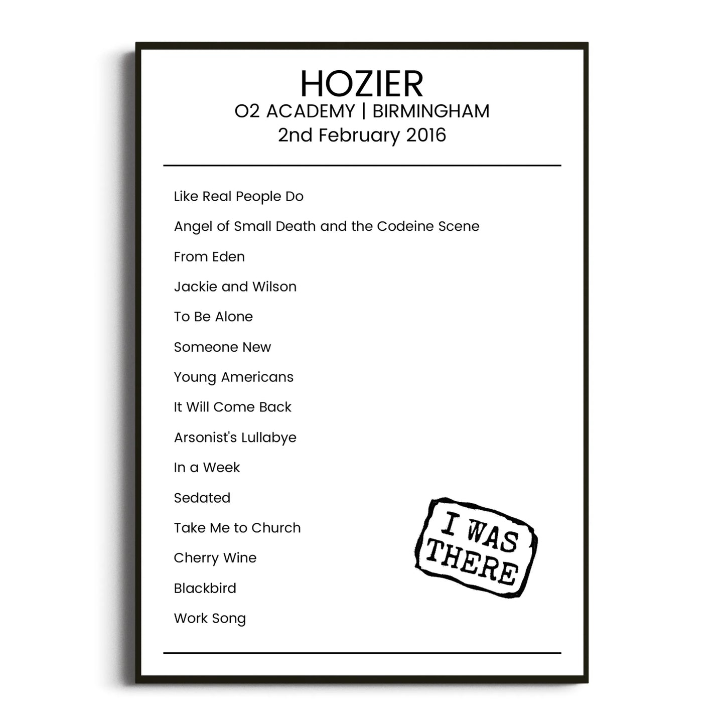 Hozier Birmingham 02 February 2016 Setlist Poster