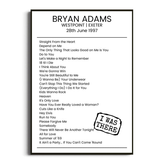 Bryan Adams Exeter 28 June 1997 Setlist Poster