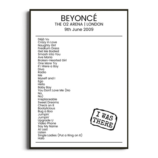 Beyoncé London 09 June 2009 Setlist Poster