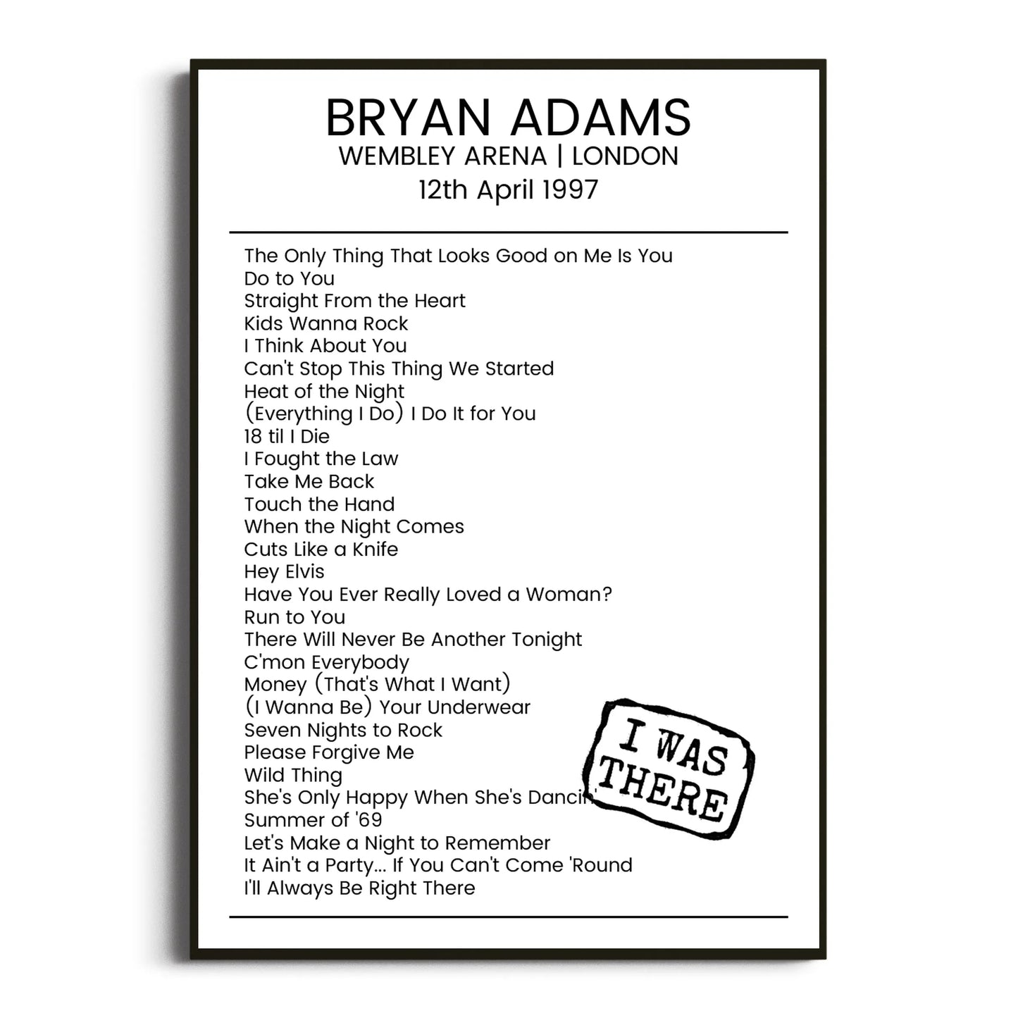 Bryan Adams London 12 April 1997 Setlist Poster