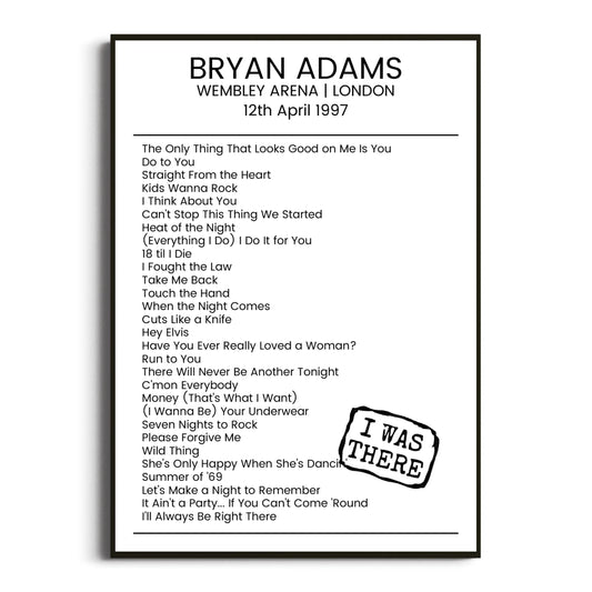 Bryan Adams London 12 April 1997 Setlist Poster