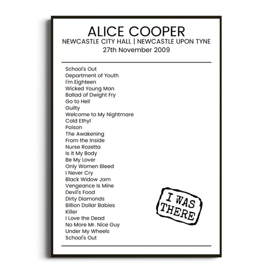 Alice Cooper Newcastle upon Tyne 27 November 2009 Setlist Poster