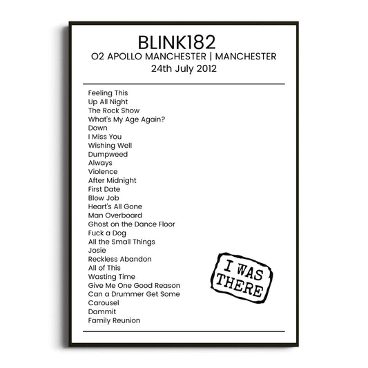 blink‐182 Manchester 24 July 2012 Setlist Poster