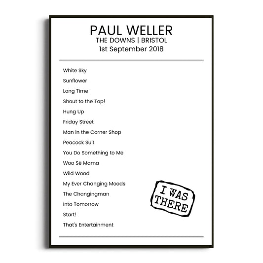 Paul Weller Bristol 01 September 2018 Setlist Poster