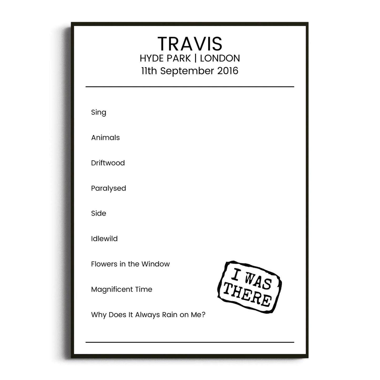 Travis London 11 September 2016 Setlist Poster