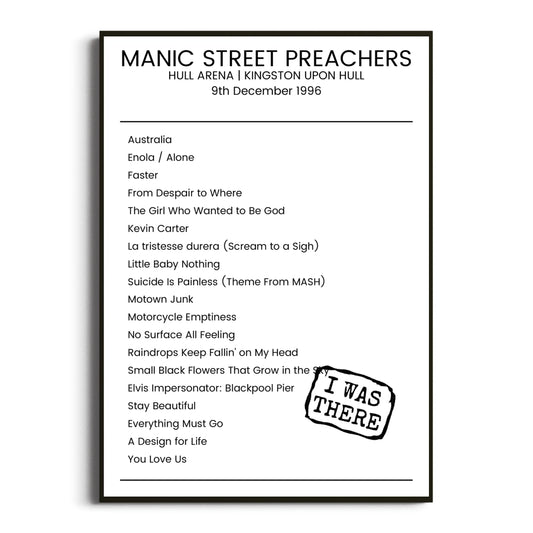 Manic Street Preachers Kingston upon Hull 09 December 1996 Setlist Poster