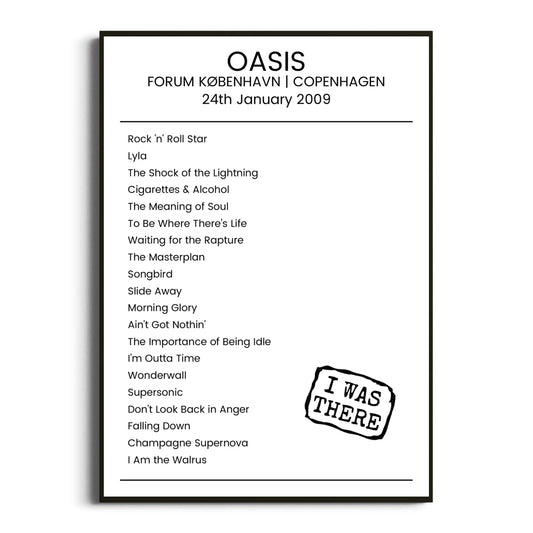 Oasis Copenhagen 24 January 2009 Setlist Poster