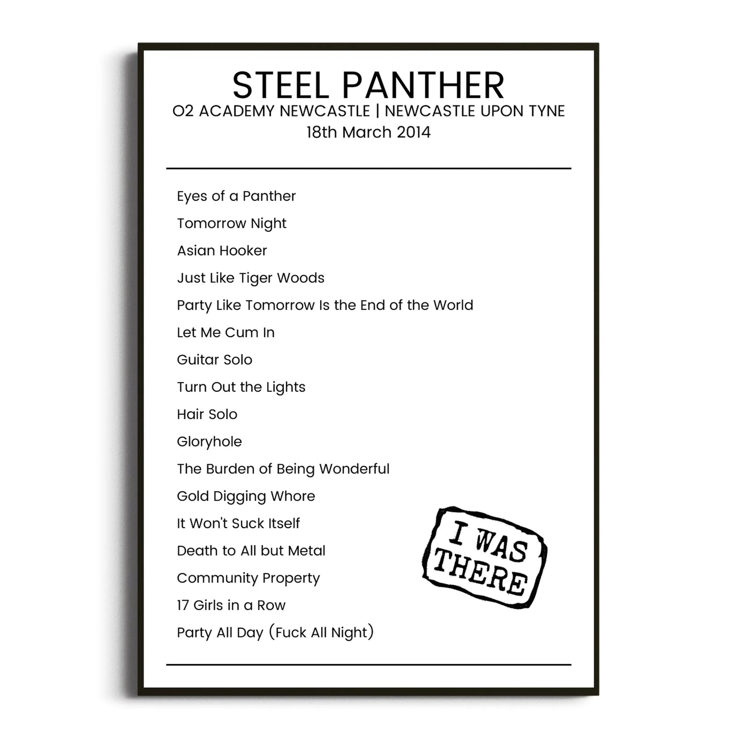 Steel Panther Newcastle upon Tyne 18 March 2014 Setlist Poster