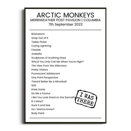 Arctic Monkeys Columbia 07 September 2023 Setlist Poster