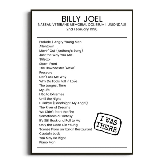 Billy Joel Uniondale 02 February 1998 Setlist Poster