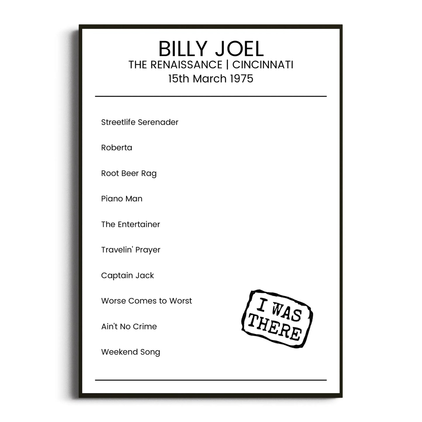 Billy Joel Cincinnati 15 March 1975 Setlist Poster