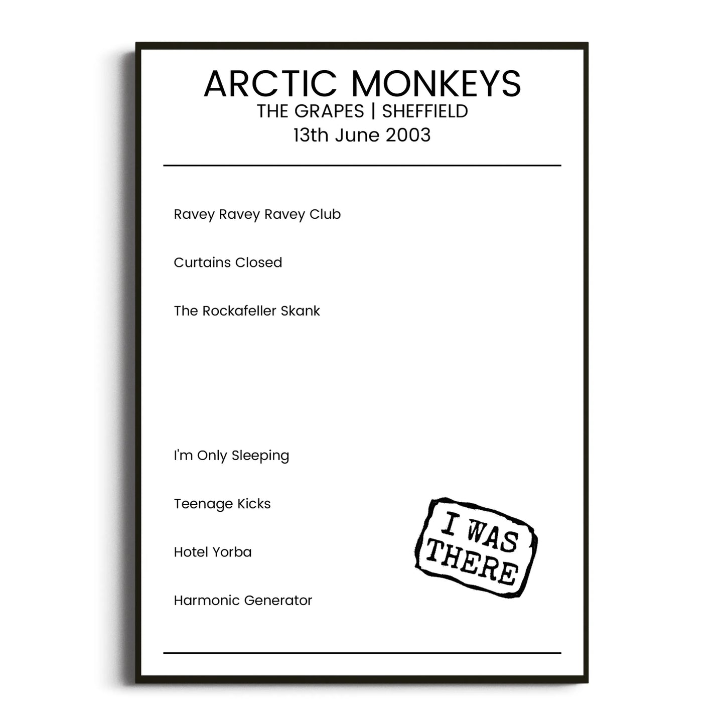 Arctic Monkeys Sheffield 13 June 2003 Setlist Poster