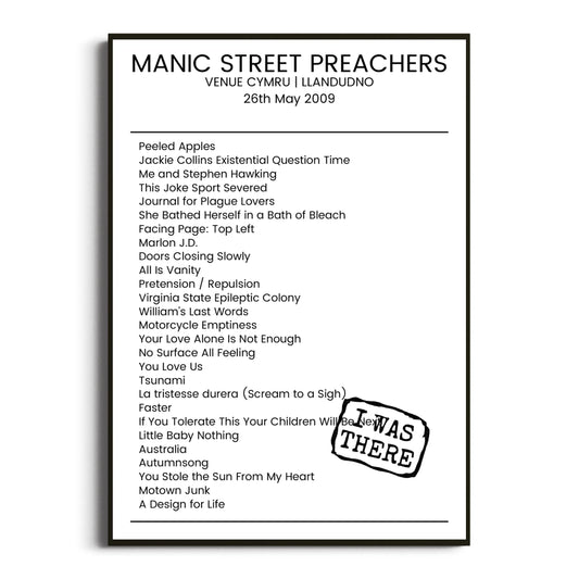 Manic Street Preachers Llandudno 26 May 2009 Setlist Poster