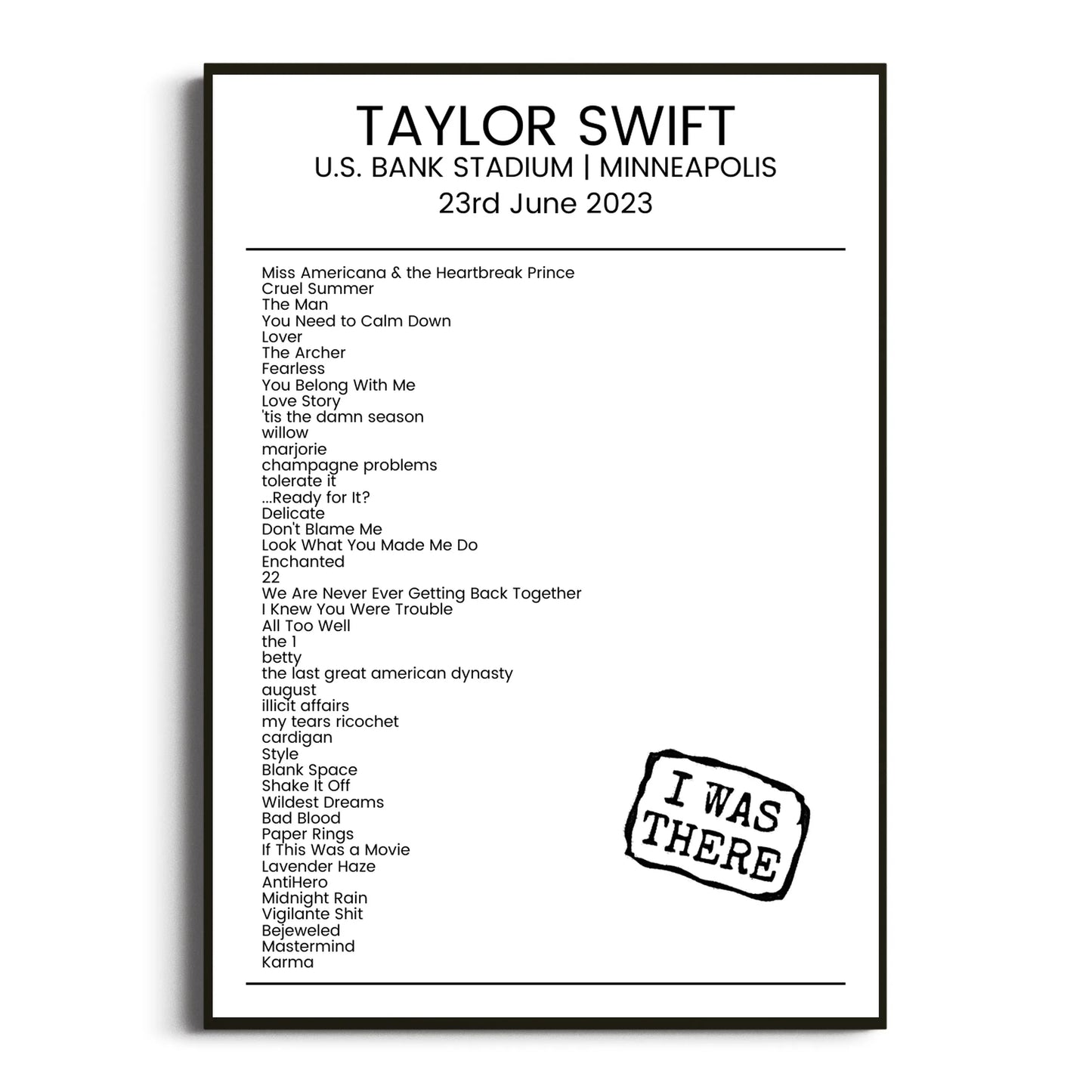 Taylor Swift Minneapolis 23 June 2023 Setlist Poster