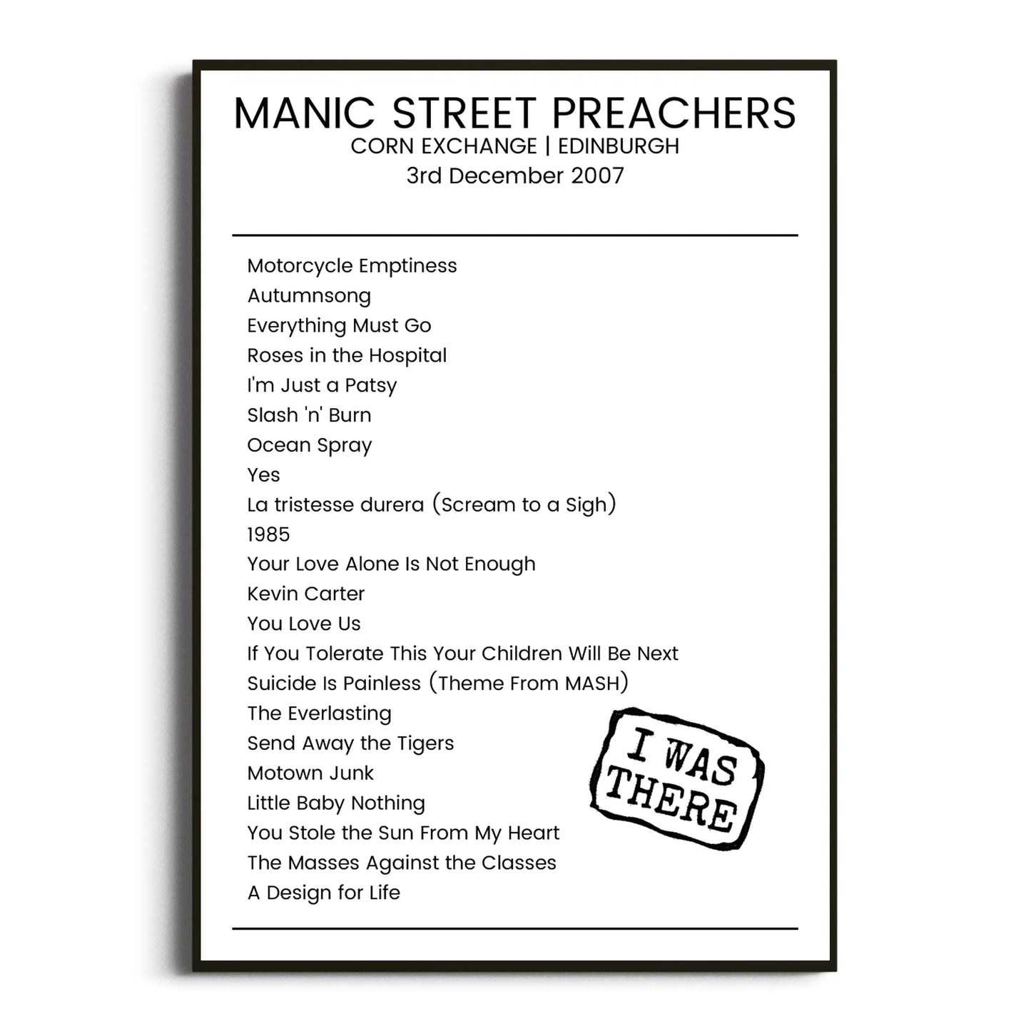 Manic Street Preachers Edinburgh 03 December 2007 Setlist Poster