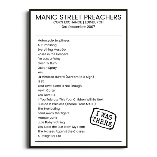 Manic Street Preachers Edinburgh 03 December 2007 Setlist Poster