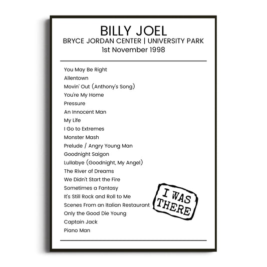 Billy Joel University Park 01 November 1998 Setlist Poster