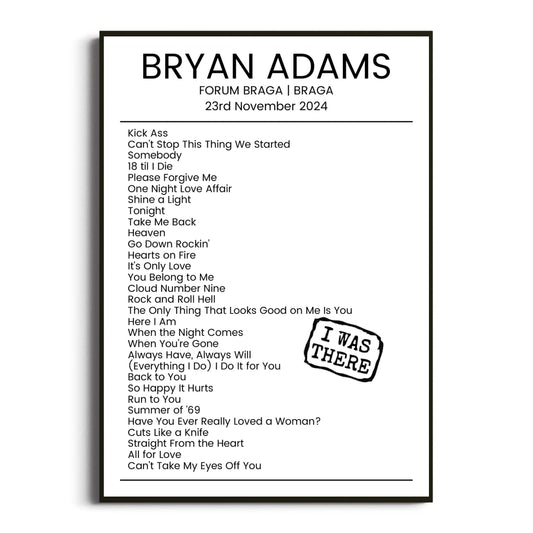 Bryan Adams Braga 23 November 2024 Setlist Poster