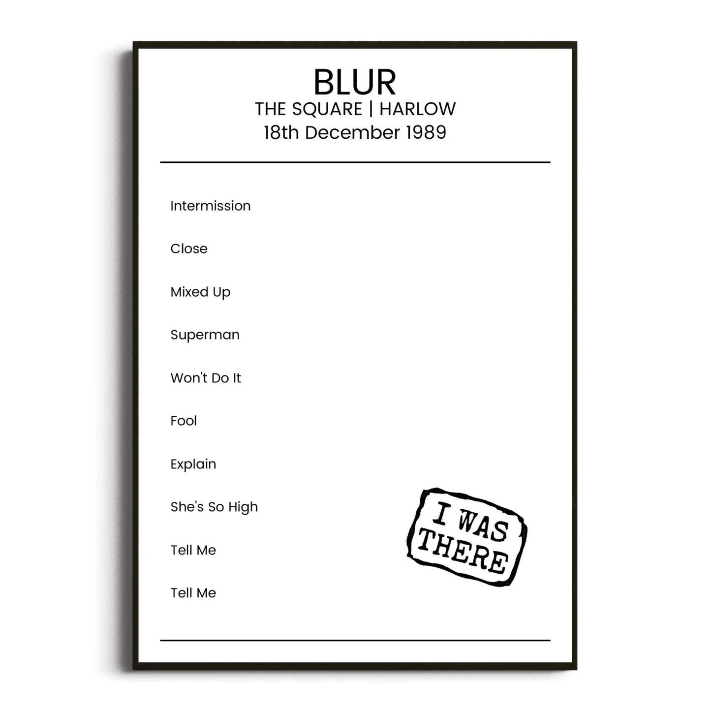 Blur Harlow 18 December 1989 Setlist Poster