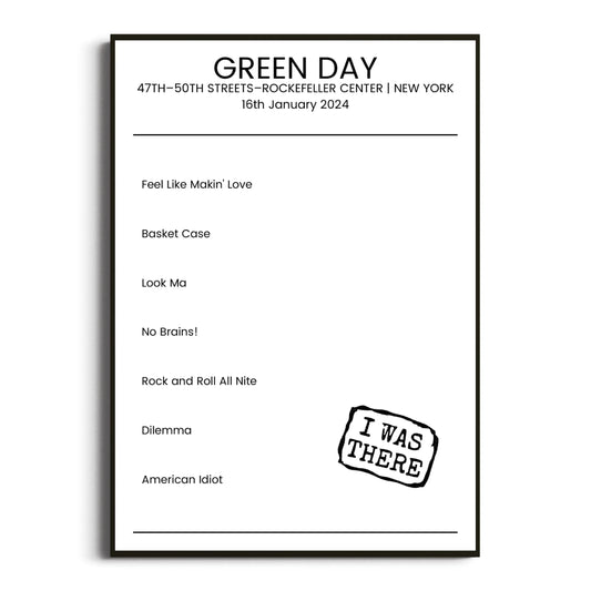 Green Day New York 16 January 2024 Setlist Poster