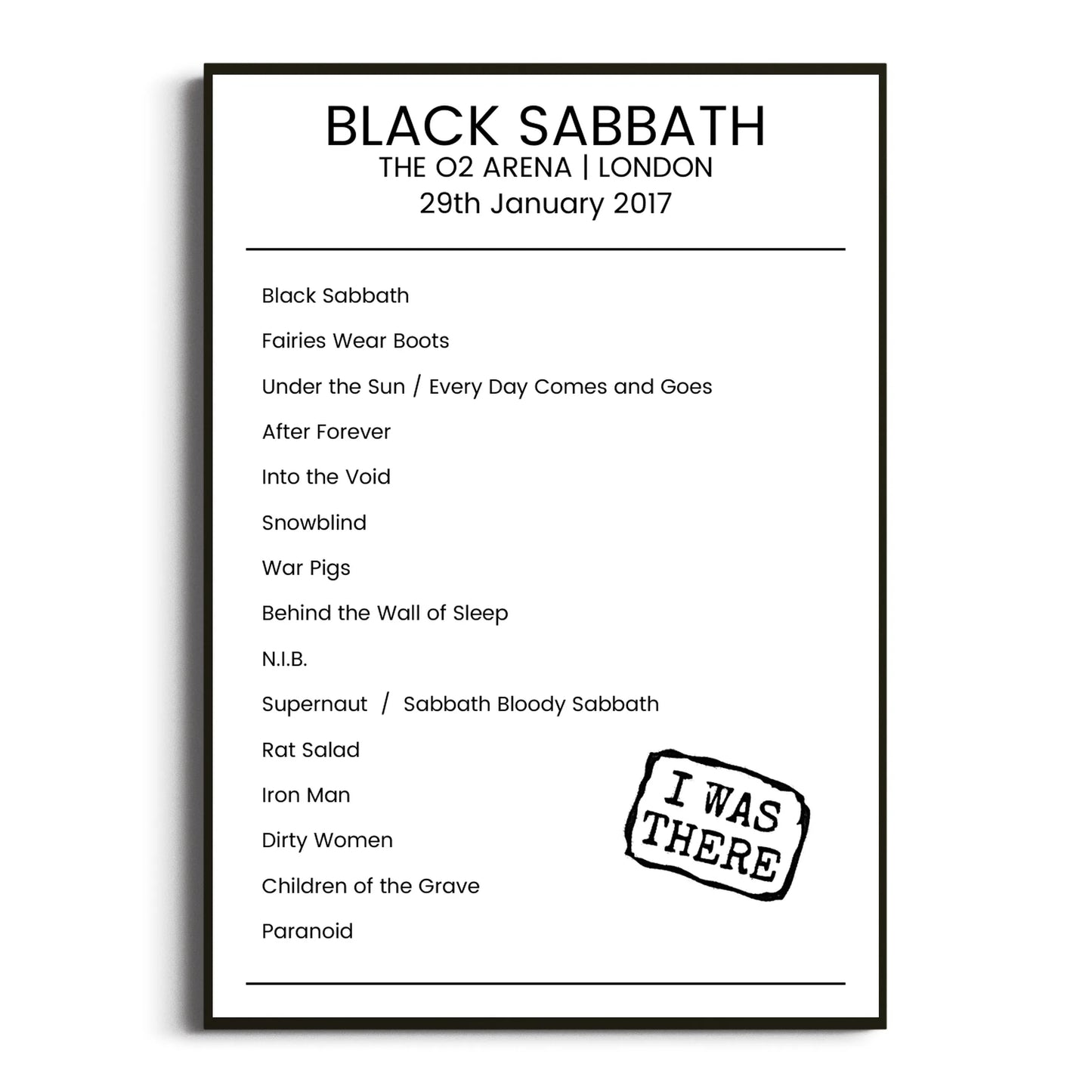 Black Sabbath London 29 January 2017 Setlist Poster