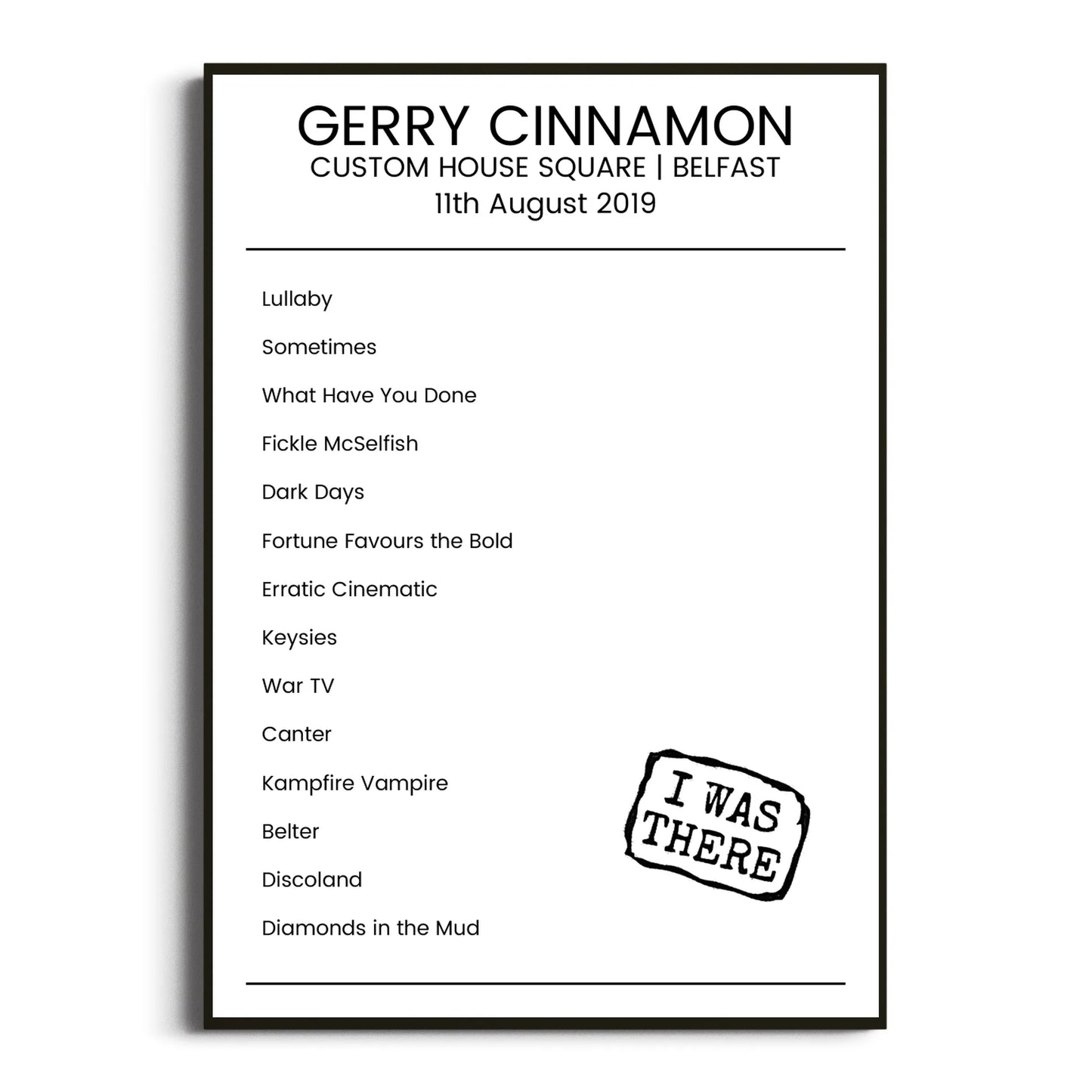 Gerry Cinnamon Belfast 11 August 2019 Setlist Poster