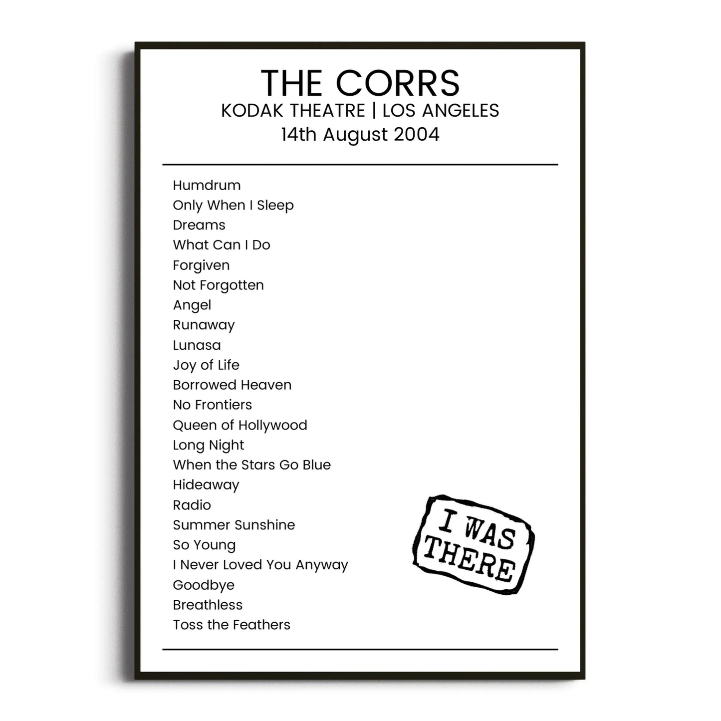 The Corrs Los Angeles 14 August 2004 Setlist Poster