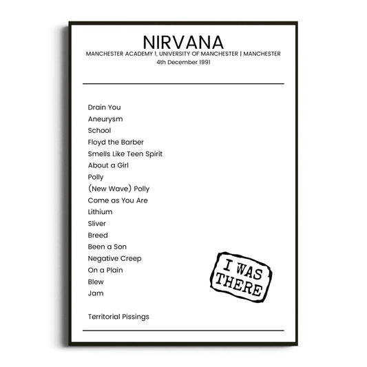 Nirvana Manchester 04 December 1991 Setlist Poster