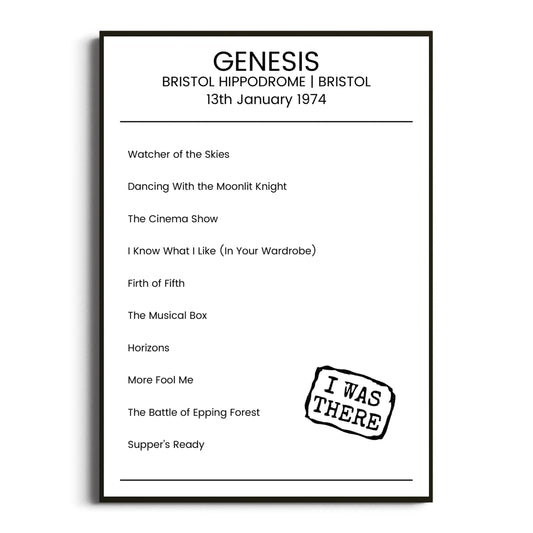 Genesis Bristol 13 January 1974 Setlist Poster