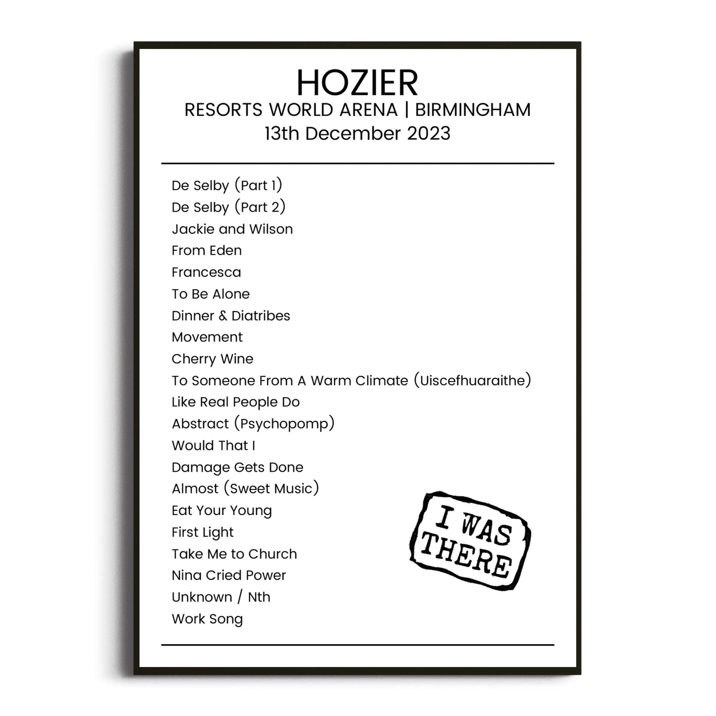 Hozier Birmingham 13 December 2023 Setlist Poster