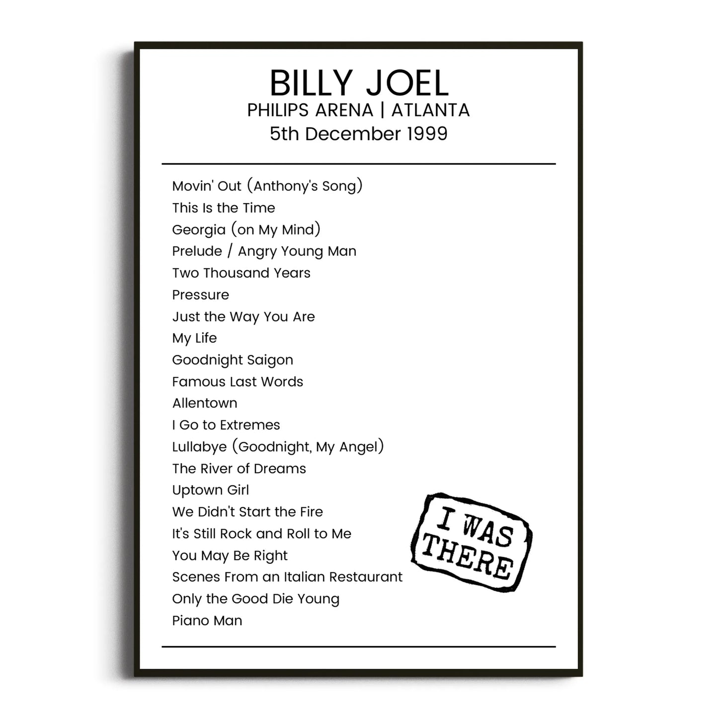 Billy Joel Atlanta 05 December 1999 Setlist Poster