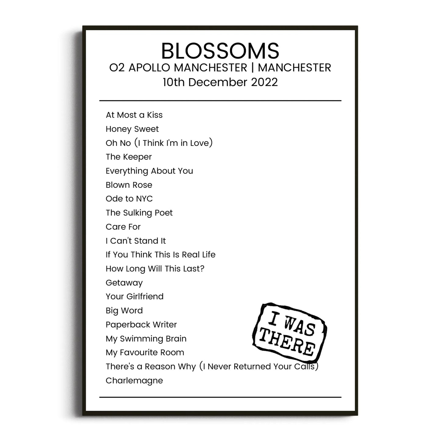 Blossoms Manchester 10 December 2022 Setlist Poster